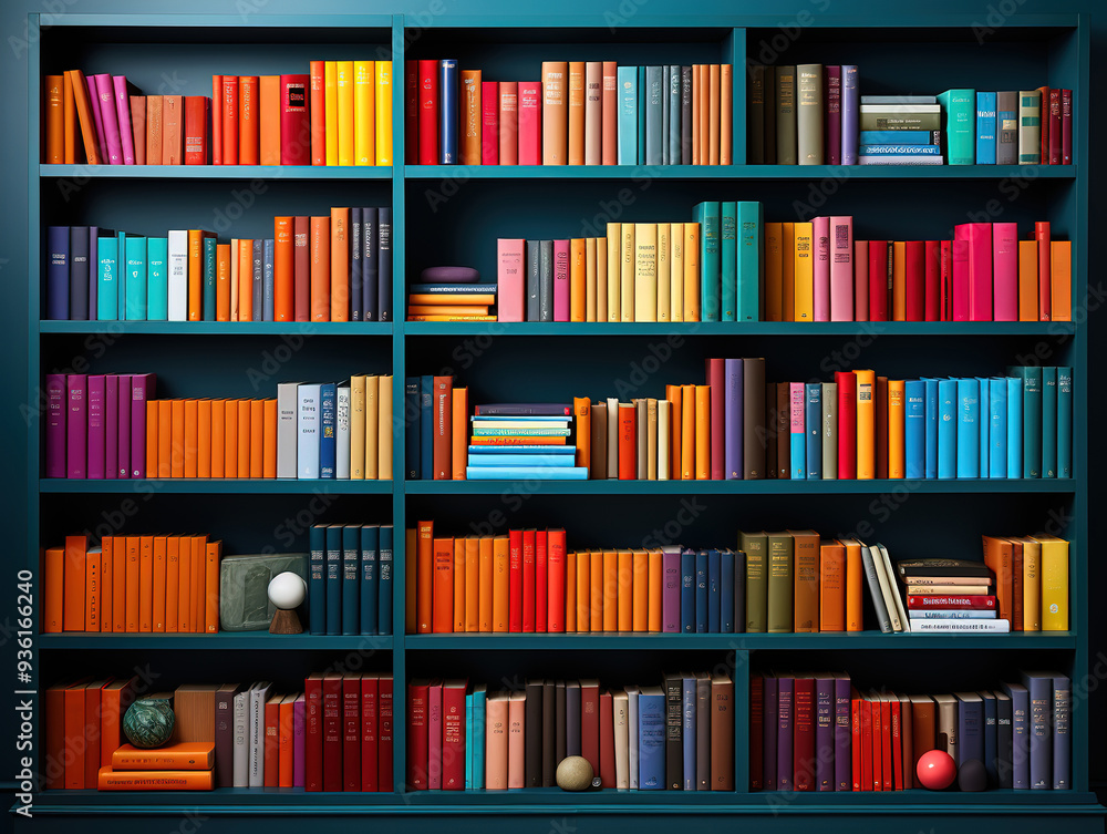 Fantastic Bookcase for home library books and plants on the shelves in cartoon style