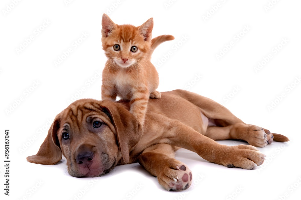 Ginger kitten perched on brown puppy, both staring directly at the camera Ginger kitten perched on brown puppy, both staring directly at the camera