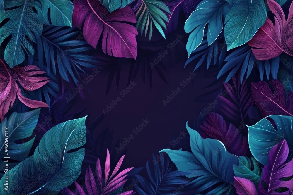 On the left of this image is a palm leaf pattern, and on the right is a black background. On the left of this image is a palm leaf pattern, and on the right is a black background.