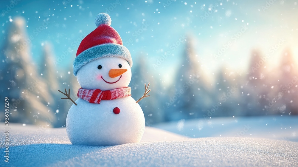 A cheerful snowman wearing a Santa hat and scarf stands in a snowy winter wonderland, surrounded by snow-covered trees and mountains under a bright blue sky.. A cheerful snowman wearing a Santa hat and scarf stands in a snowy winter wonderland, surrounded by snow-covered trees and mountains under a bright blue sky..