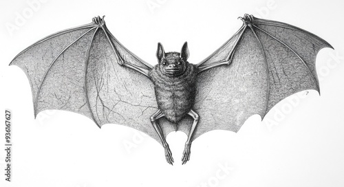 Bat Engraving. Intricate Victorian Illustration of Antique Skittish Mammal photo