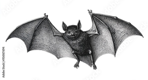 Bat Engraving. Victorian Antique Illustration of a Skittish Bat