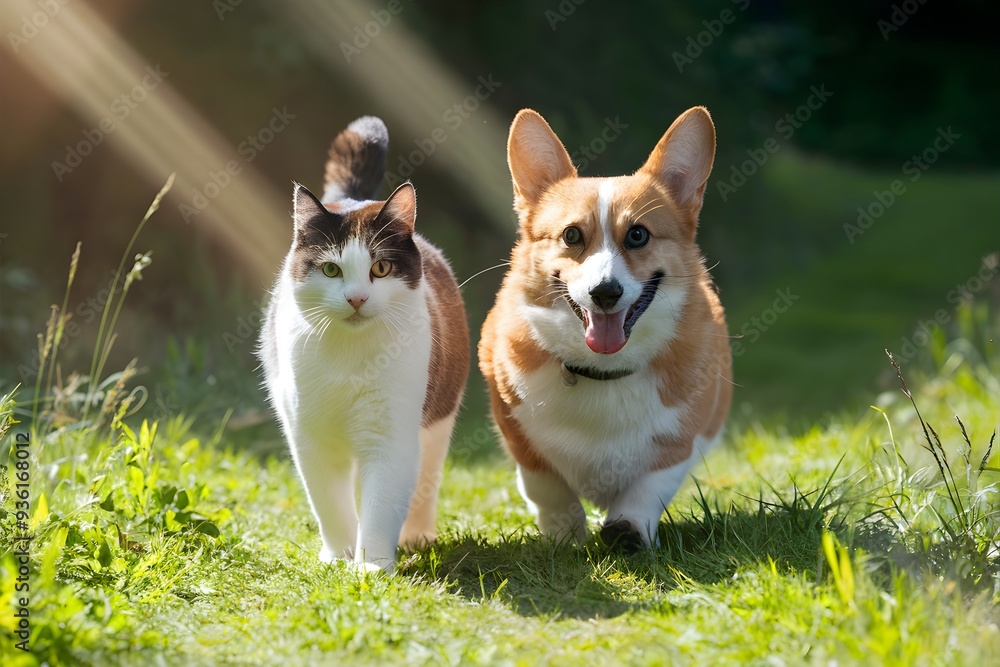 Cat and Corgi walk side by side on green meadow Cat and Corgi walk side by side on green meadow