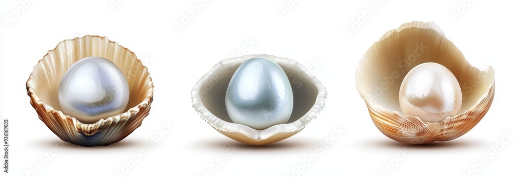 An exact 3D illustration of a spiral shell shell of a pearl, isolated shells of conches, oysters with white pearls, and open scallops in the sea. An exact 3D illustration of a spiral shell shell of a pearl, isolated shells of conches, oysters with white pearls, and open scallops in the sea.