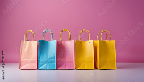 Bags of various colors arranged against a pink wall