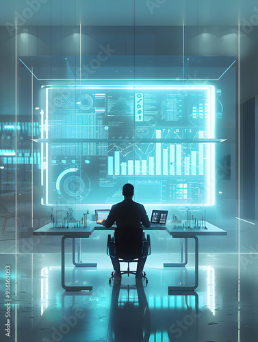 3D Flat Icon of Financial Advisor with Laptop Graphs in High Tech Conference Room | Mid Shot of Advisor Discussing Graphs, Advanced Financial Meeting Concept | Isolated White Bac