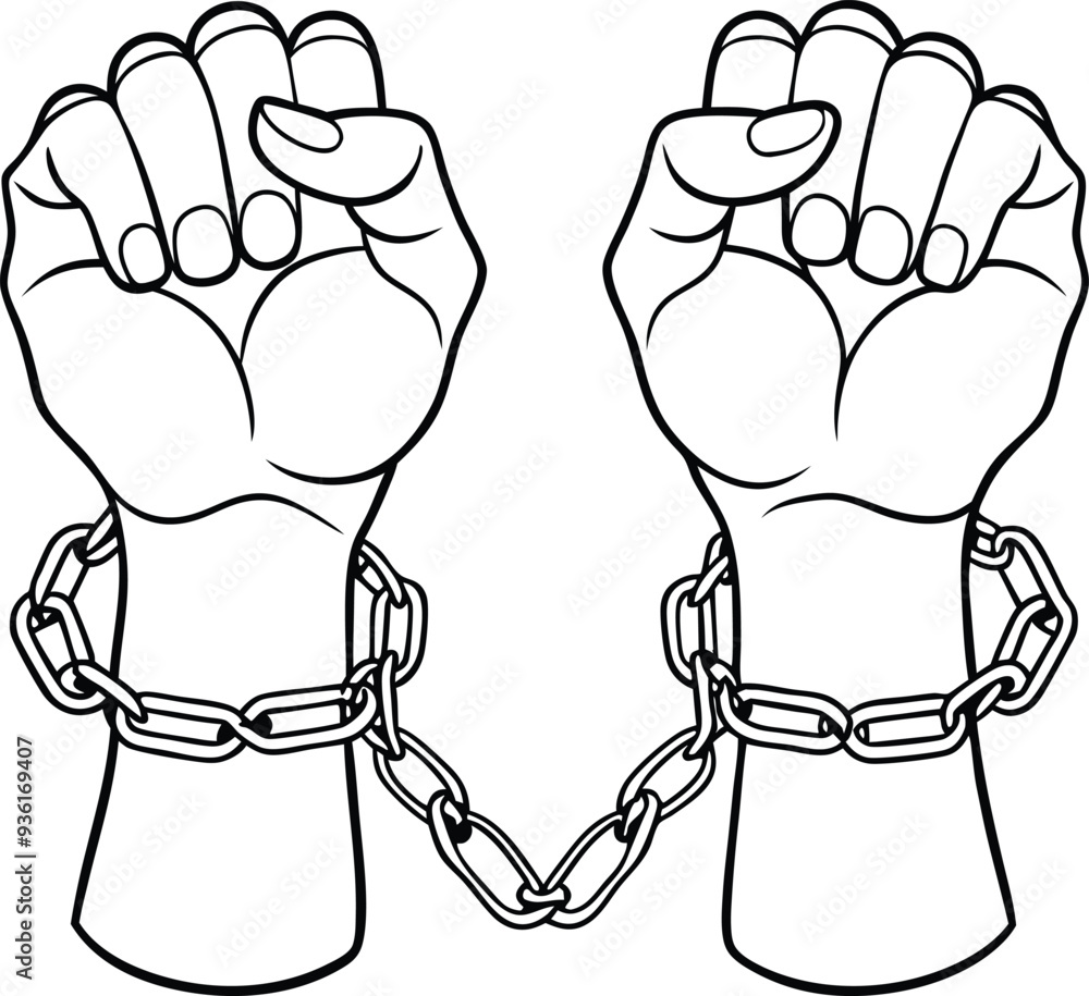 A pair of hands chained freedom line art illustration black and white A pair of hands chained freedom line art illustration black and white