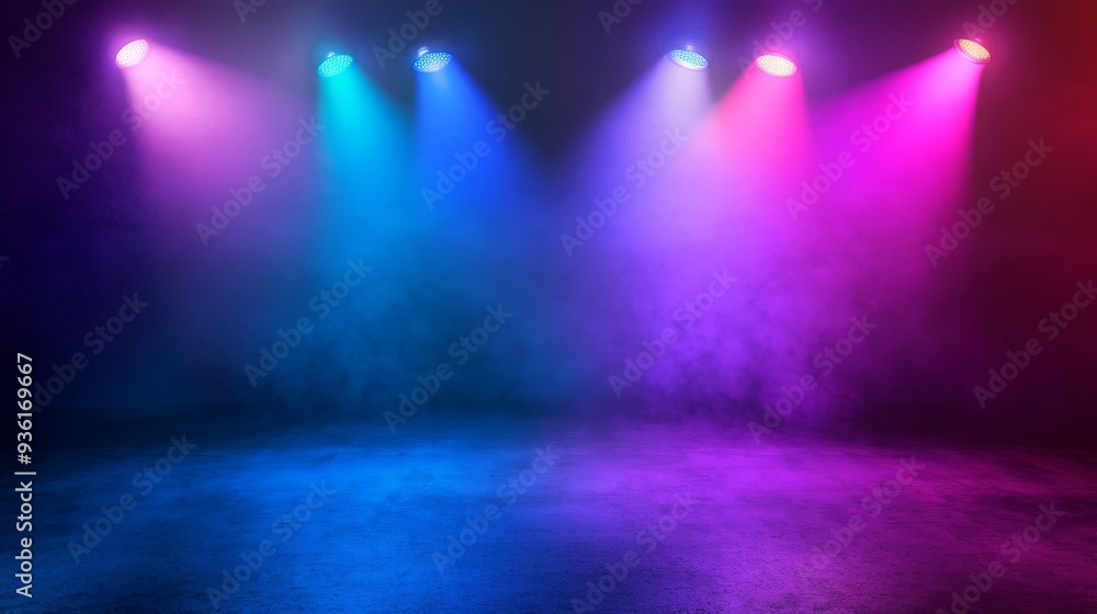 Nighttime light show in a dark atmosphere with colorful smoke effects Nighttime light show in a dark atmosphere with colorful smoke effects