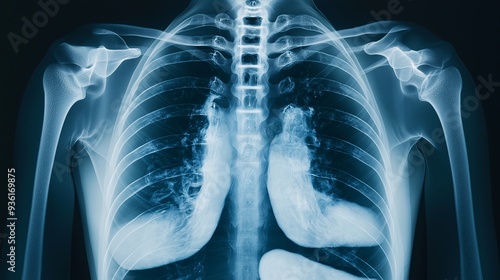 Human Chest X-ray: A detailed medical image showcasing the skeletal structure and internal organs of a human chest.   photo