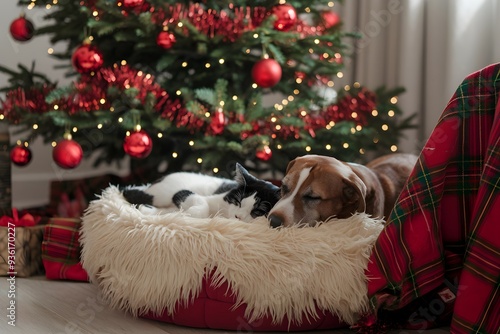 Cat and dog sleep on a fluffy cushion in cozy Christmas setting