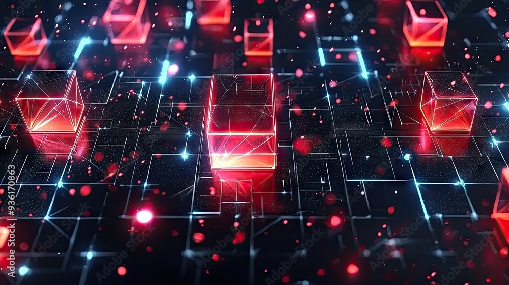 Neon red and blue geometric shapes on black base glowing particles light effects background, particles, shapes, blue, base, light, geometric, black background Neon red and blue geometric shapes on black base glowing particles light effects background, particles, shapes, blue, base, light, geometric, black background