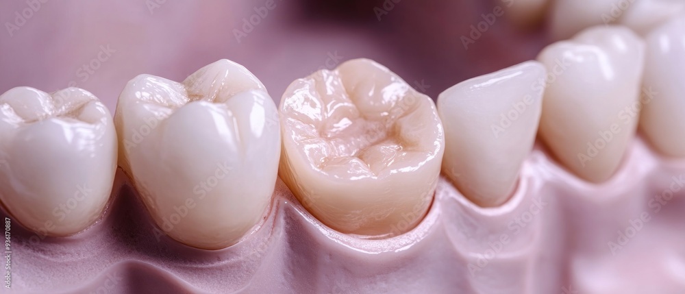 Close-up of a dental model with a single tooth restoration. Close-up of a dental model with a single tooth restoration.