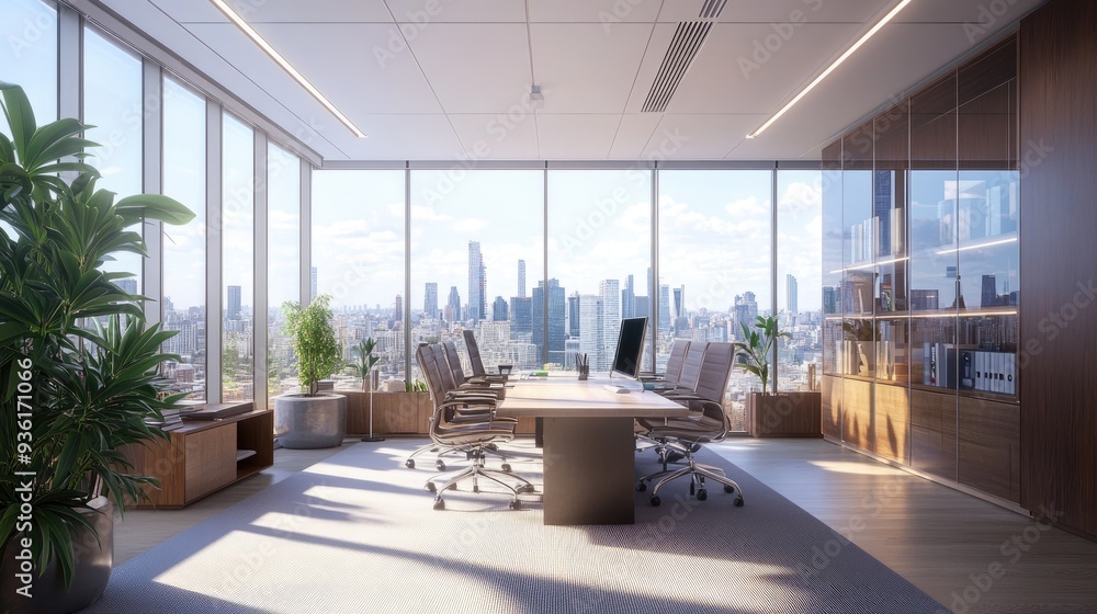 A bright and airy office interior featuring large windows with a breathtaking view of the city skyline, presented in a 3D rendering. The modern design emphasizes functionality and style. A bright and airy office interior featuring large windows with a breathtaking view of the city skyline, presented in a 3D rendering. The modern design emphasizes functionality and style.