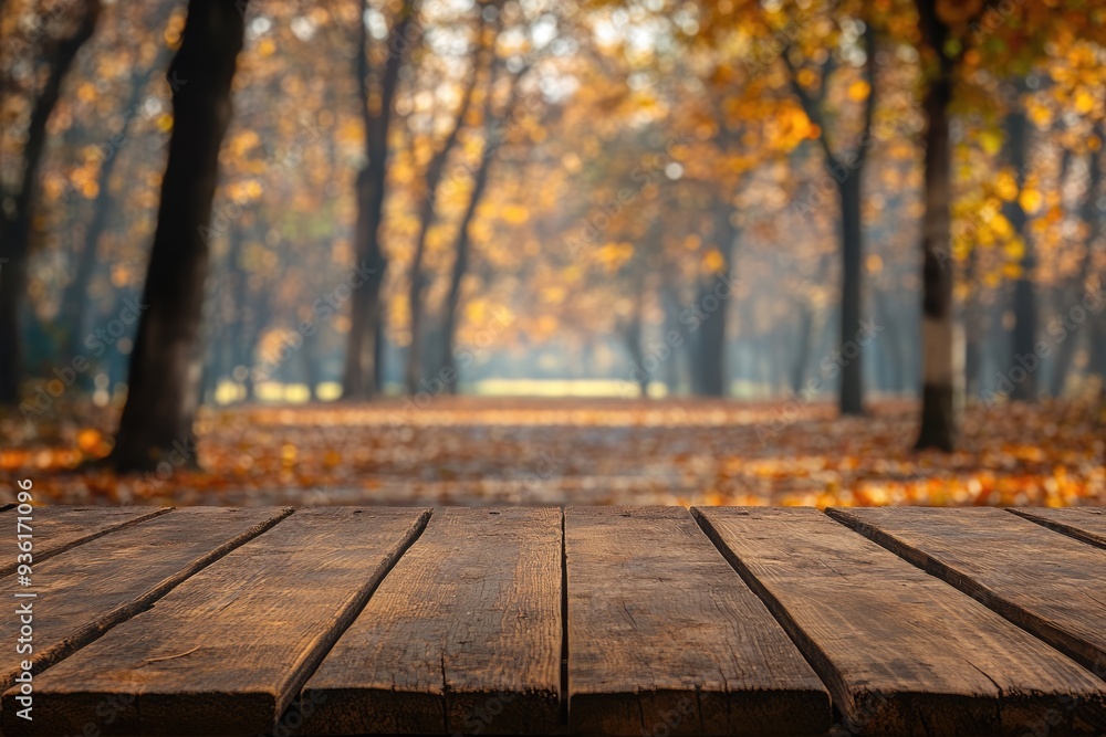Outdoor Fall Table Photo. Empty Table in Forest Setting with Autumn Colors Outdoor Fall Table Photo. Empty Table in Forest Setting with Autumn Colors