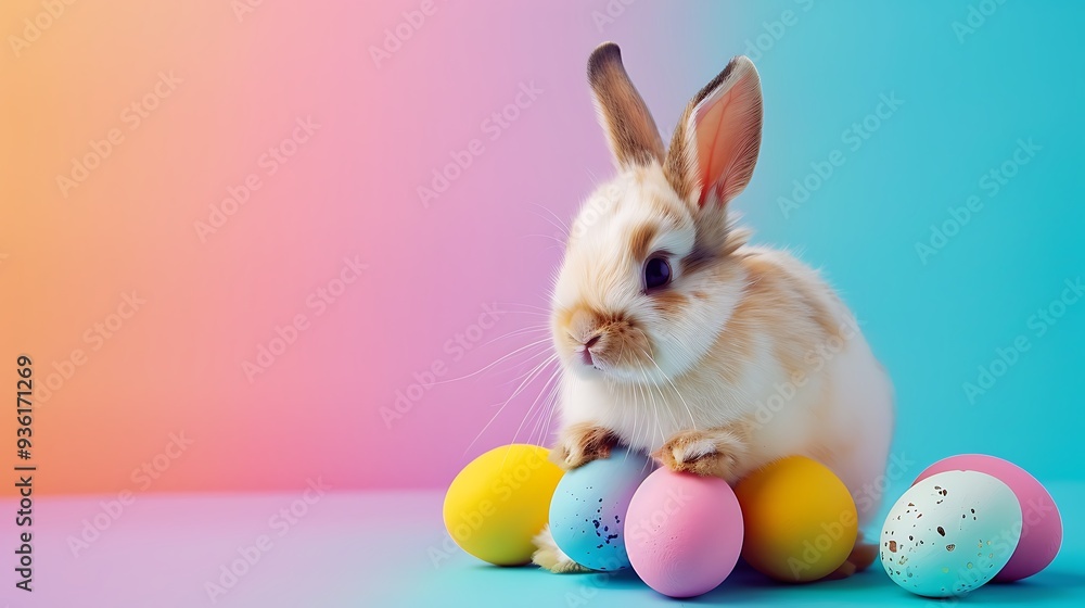 Fototapeta premium Cute little bunny with eggs isolated on colorful background