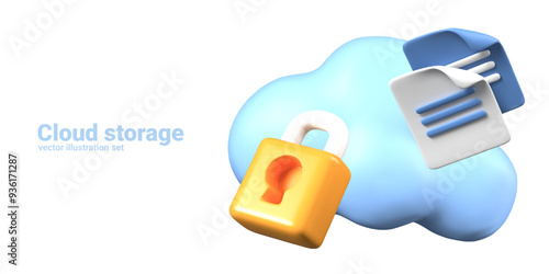 Cloud storage concept in 3D cartoon style. Modern reliable archiving of data on remote server
