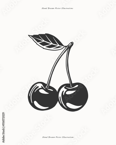 A hand-drawn black and white illustration of two cherries with a single leaf, perfect for use in culinary art, vintage designs, or tattoo motifs.