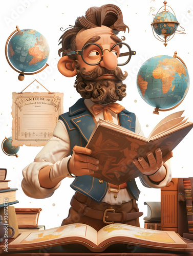 Enchanted Classroom: 3D Flat Icon of History Teacher with Maps and Books | Fantasy Back to School Concept with Glowing Globes and Whimsical Decor | Long Shot of Teacher in Enchante photo