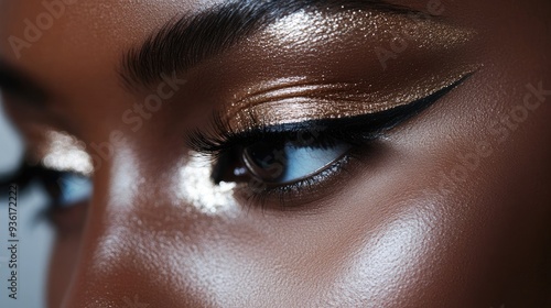 A close-up of eyes with a sleek, modern makeup look featuring metallic eyeshadow and precise eyeliner. The image exudes sophistication and contemporary fashion trends photo