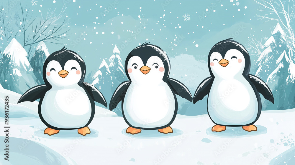 Fototapeta premium Penguin in the snow covered flandscape, merry christmas holiday greeting card, winter season, animal cartoon illustration for children, fairy tale
