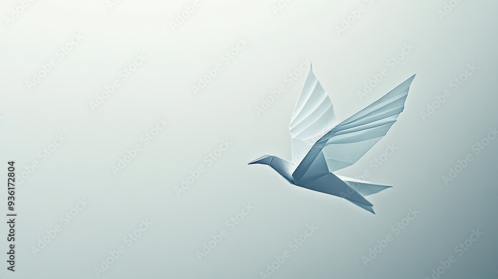 Obraz premium A delicate origami paper bird appears to be in mid-flight, set against a clean white background. The crisp folds and soft colors of the paper create a serene and artistic image