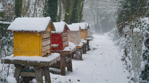Beehive Snow. Apiculture in Cold Climate: Beehives Covered in Snow in Brittany Countryside