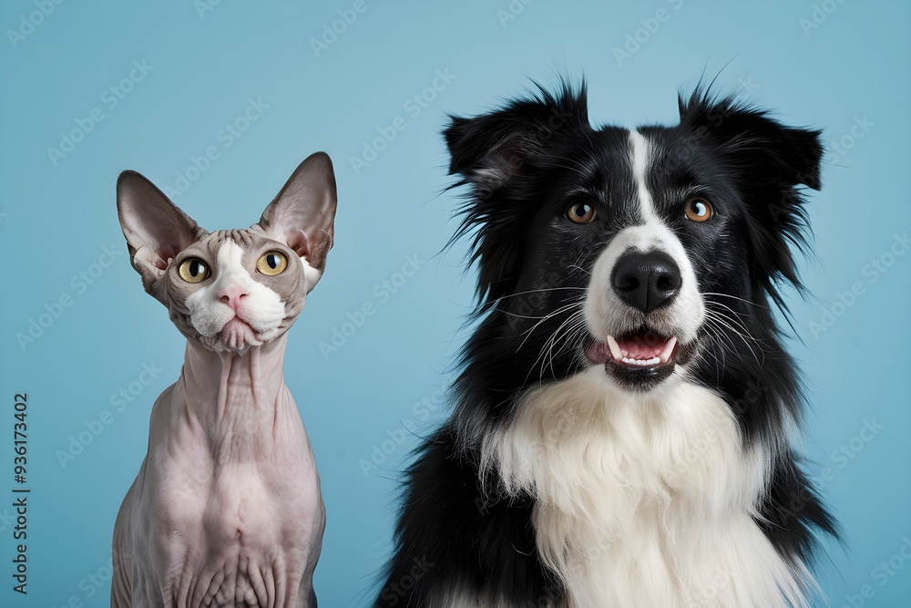 Sphynx cat and Border Collie against light blue background, both exuding calm Sphynx cat and Border Collie against light blue background, both exuding calm