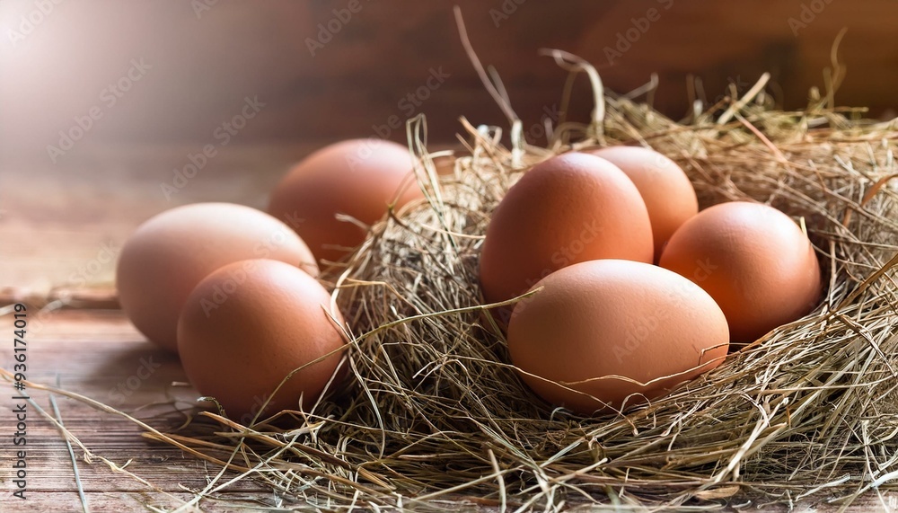 Group of eggs on hay in rustic nest,close-up with selective focus. Group of eggs on hay in rustic nest,close-up with selective focus.