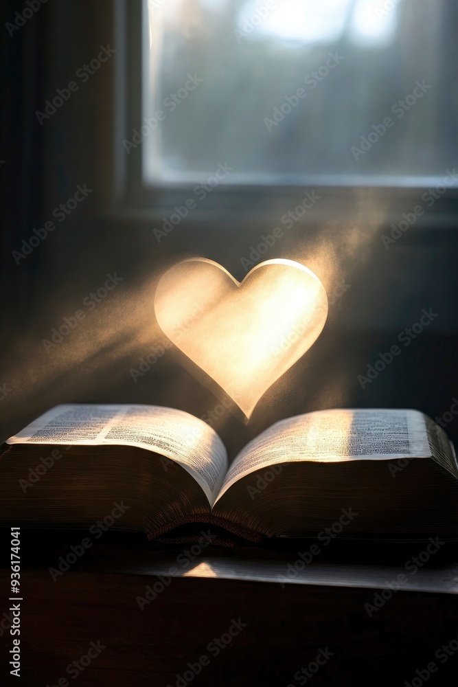 A heart-shaped page of an open Bible on the table, with sunlight shining through it, creating beautiful light and shadow effects A heart-shaped page of an open Bible on the table, with sunlight shining through it, creating beautiful light and shadow effects