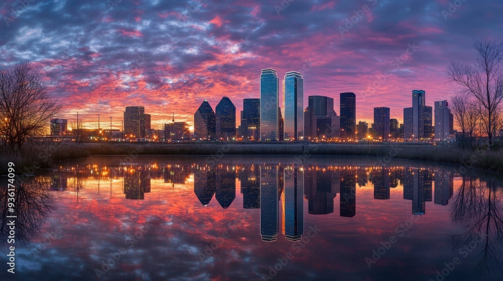 Dallas Sunrise. City Skyline with Reflecting Water - Architectural Landscape Dallas Sunrise. City Skyline with Reflecting Water - Architectural Landscape