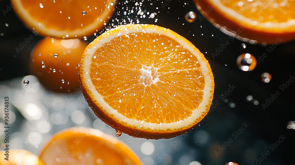 Fresh orange slices being splashed with water in a dynamic and vibrant setting during a sunny afternoon Fresh orange slices being splashed with water in a dynamic and vibrant setting during a sunny afternoon