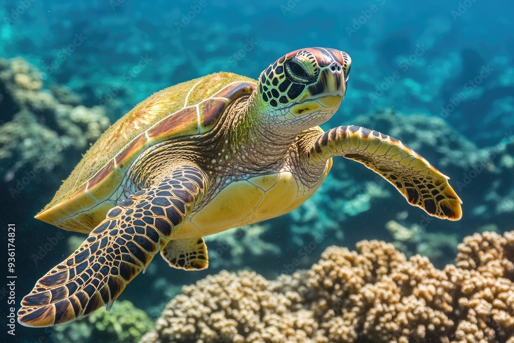 Fototapeta premium Green Turtle Maui. Underwater Marine Life: Majestic Turtle Swimming in Hawaiian Waters