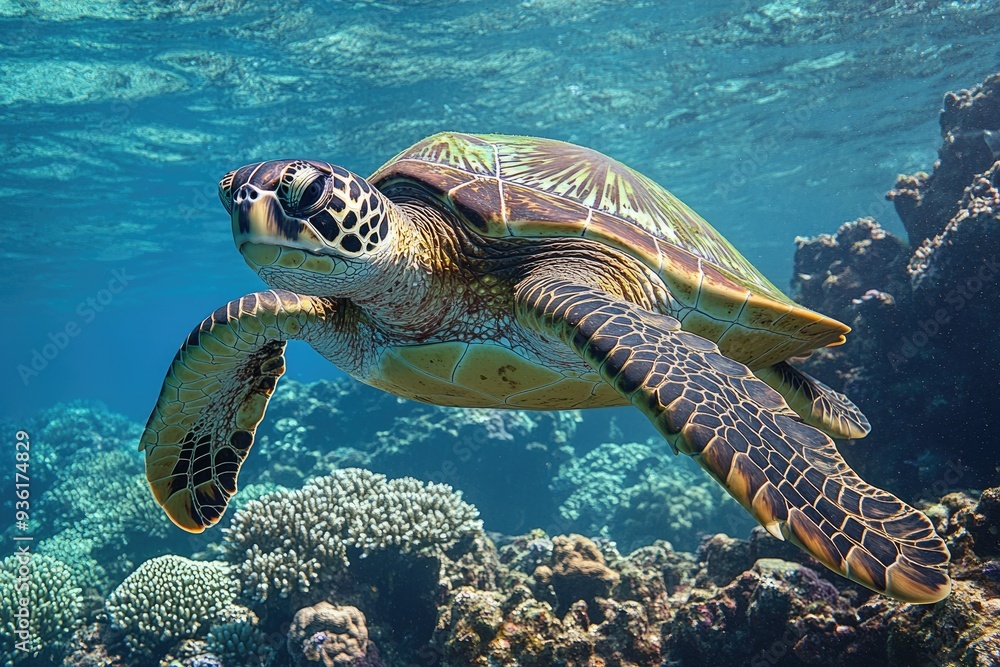 Fototapeta premium Green Turtle Maui. Underwater Image of a Hawaiian Sea Turtle Swimming in the Coral Reef