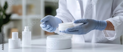 A Person in a Lab Coat and Gloves Holding a White Cream Jar