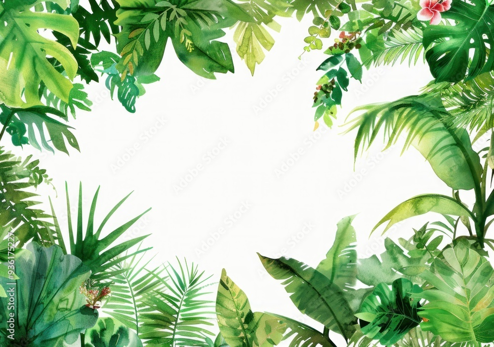 Lush tropical foliage frame featuring various green leaves and a splash of pink flower on a white background Lush tropical foliage frame featuring various green leaves and a splash of pink flower on a white background