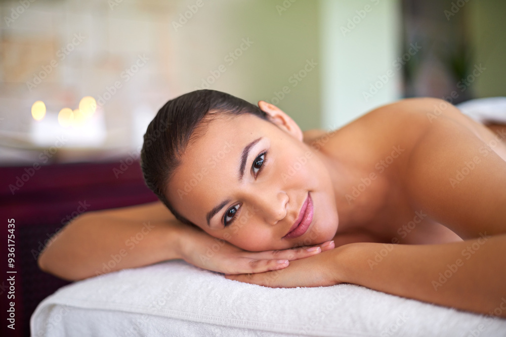 Spa, woman or portrait on bed for relax, comfort or ready for therapeutic massage. Luxury, happy or client at resort for treatment, zen or stress free environment for rest or healing in hospitality Spa, woman or portrait on bed for relax, comfort or ready for therapeutic massage. Luxury, happy or client at resort for treatment, zen or stress free environment for rest or healing in hospitality