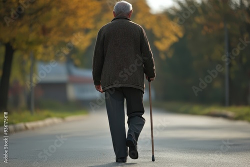 Elderly man walking slowly down an empty street with a cane, with copy space. Gentle morning light. Serene but solitary neighborhood photo