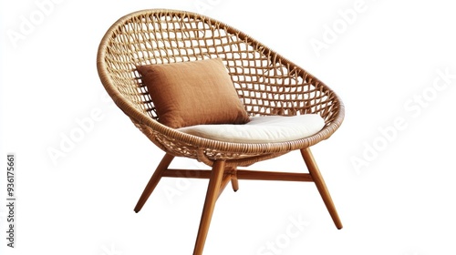 Wicker and Rattan Chair with White and Brown Cushions