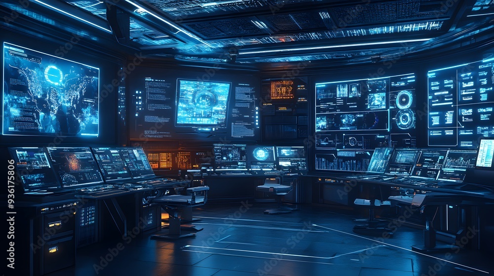 40. A futuristic network control room with holographic displays and interactive data panels 40. A futuristic network control room with holographic displays and interactive data panels
