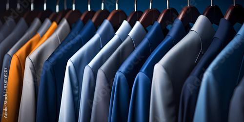 A rack displaying multiple suits in a room
