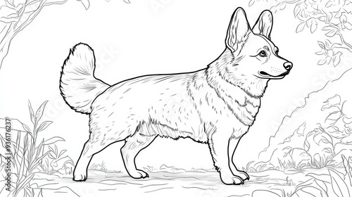 Outline illustration of a black and white corgi for drawing and coloring on white background