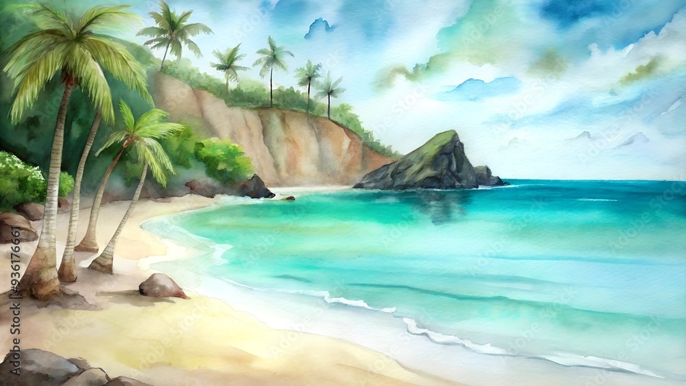 Naklejka premium Tropical beach landscape with serene atmosphere and calm waves, watercolor style