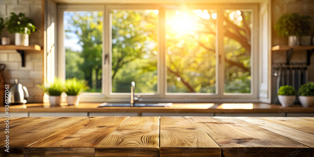 Empty wooden table and blurred background of kitchen interior. Ready for product display montage Empty wooden table and blurred background of kitchen interior. Ready for product display montage