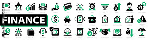 Finance icon set. Profit, Losses, Stock, Tax, Exchange, Budget, Cash, Saving, Financial goal, Profit and more. Vector illustration