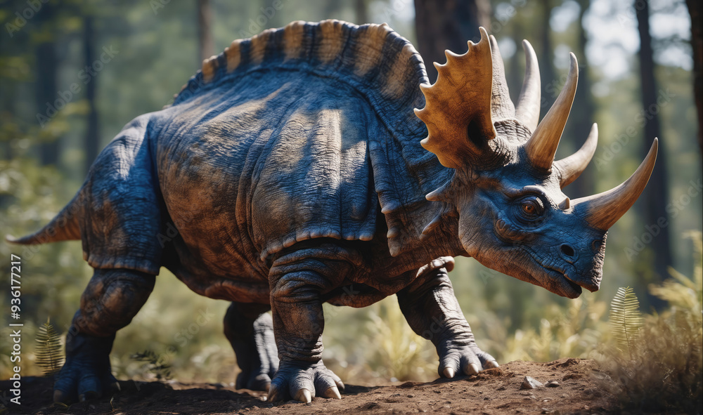 Fototapeta premium A triceratops dinosaur walks through a forest during the day