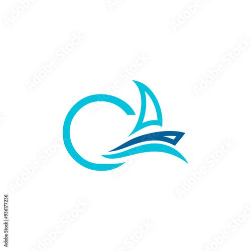 vector logo combination of sailing ship or boat with letters, initials, alphabet, with blue base color for business purposes and others