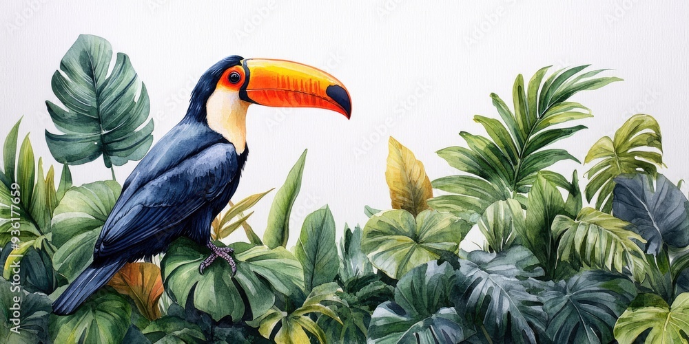 Watercolor Illustration of a Toucan Bird in Tropical Foliage Watercolor Illustration of a Toucan Bird in Tropical Foliage