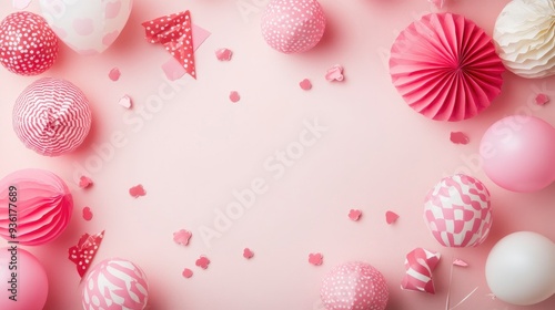 A pink background with a bunch of colorful paper flowers and confetti. The flowers are in various colors and sizes, and the confetti is scattered around the background