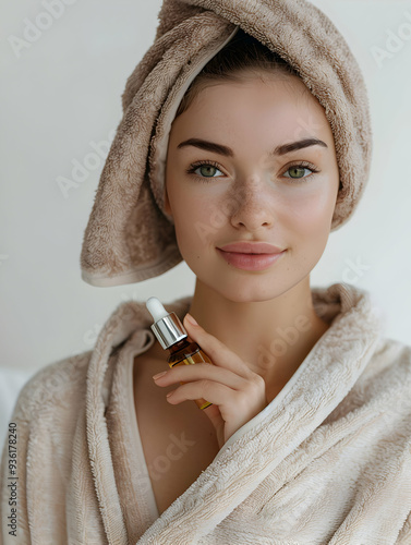 3D Flat Icon: Skincare Specialist with Serum and Dropper in Spa Setting   Luxurious Spa Scene with Expert Holding Serum Bottle and Dropper on White Background for Effective Skincar photo