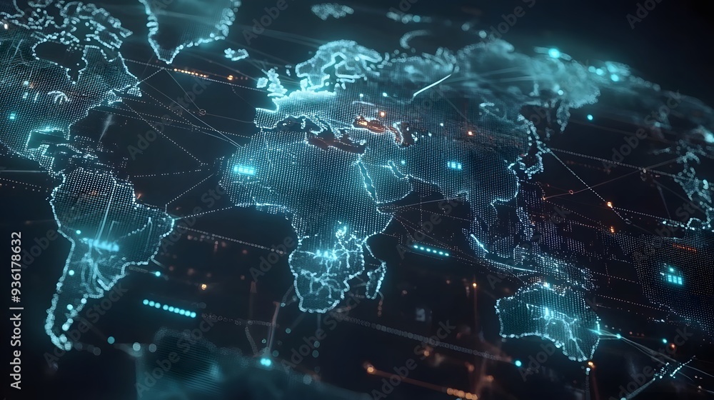 Fototapeta premium 29. A digital world map with 3D network connections and animated data transfer